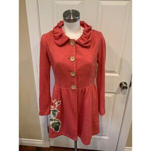 Nick & Mo Light Red Wooden Button Coat w/ Floral Patch, Size Small